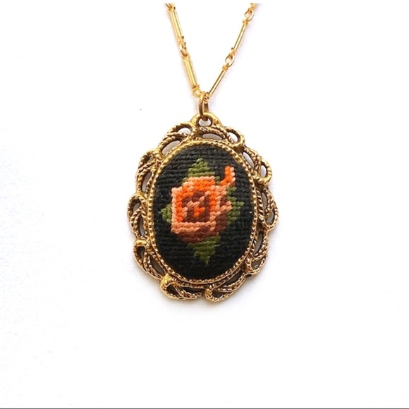 Jewelry - Vintage Needlepoint Flower Necklace Oval Mirror Back Cross Stitch Rose P…